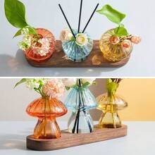 3/5 Mushroom Shaped Small Vase With Wooden Base, Hydroponic Plant Growing Station, Home Office Desk Decor, Cute Mushroom Asymmetric Bottle Body - 3pcs - View 2