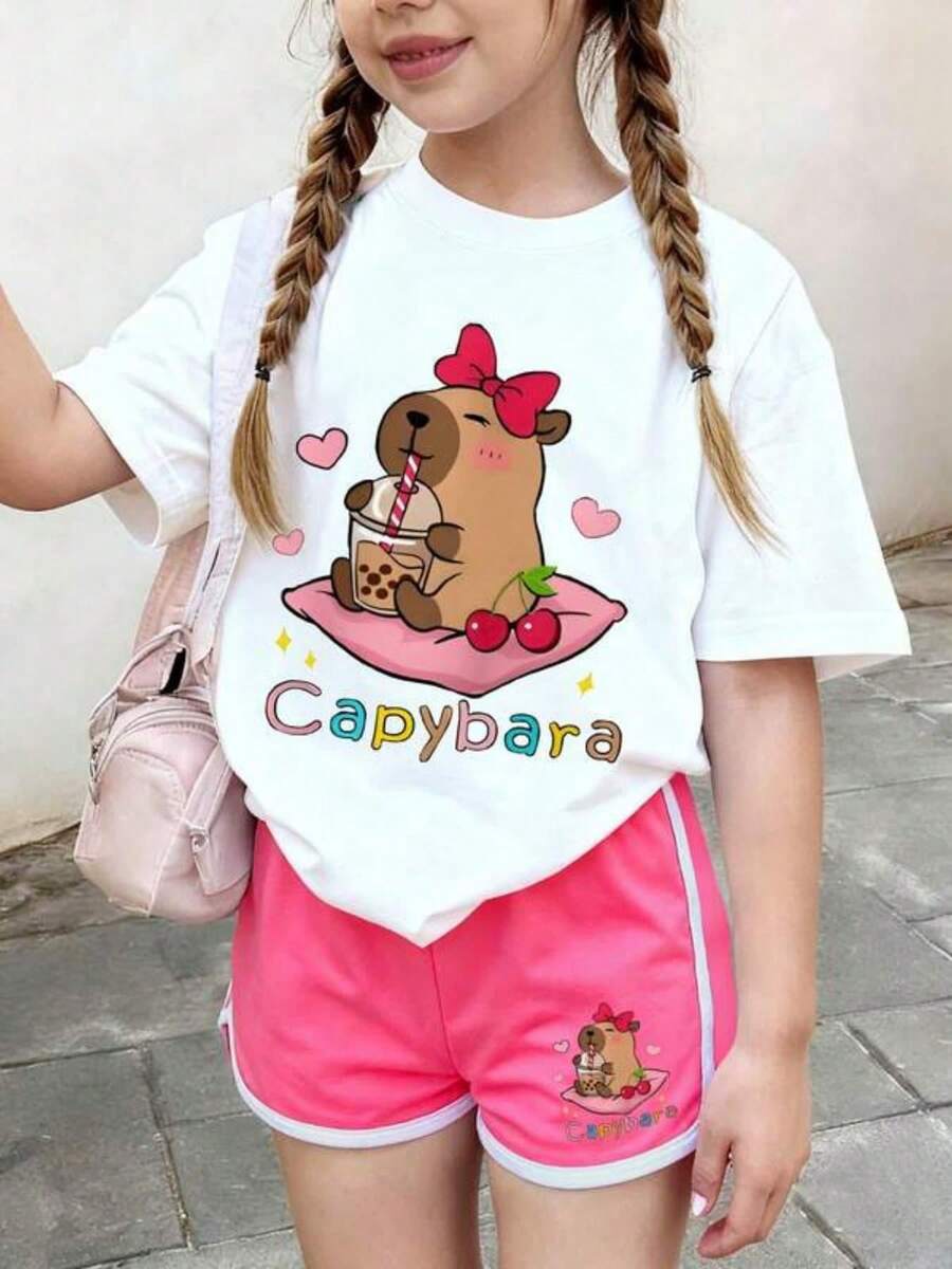 Camiseta Juvenil con Estampado de Capibara Tierno Cuello Redondo Cómodo Ropa Infantil Estilo Kawaii Creativo - Blanco - Ver 1