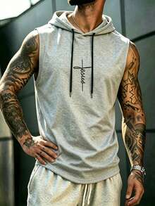 Men's Casual Hooded Tank Top, Lightweight Fashionable Printed Vest For Outdoor Sports, Breathable Fitness Running - Light Grey - View 4