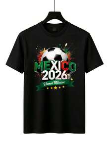 Nueva colección de parejas 2026 Mundo Fútbol México 2026 Estampado Balón y Pintura - Camiseta Deportiva Casual, Regalo para Fans del - Negro - Ver 1