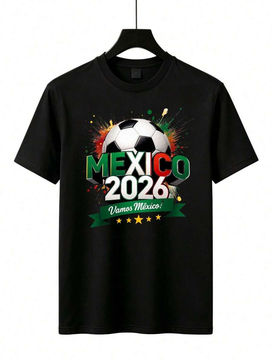 Nueva colección de parejas 2026 Mundo Fútbol México 2026 Estampado Balón y Pintura - Camiseta Deportiva Casual, Regalo para Fans del - Negro - Ver 1