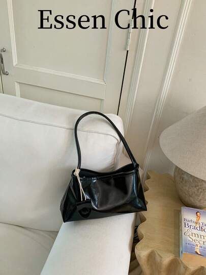 1 pieza Bolso de hombro tipo baguette de unicolor minimalista de PU negro de moda nueva de verano para mujer