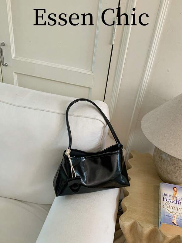 1 pezzo Borsa a spalla baguette da donna in PU nero, tinta unita, stile minimalista, nuova moda estiva, da portare sotto il braccio