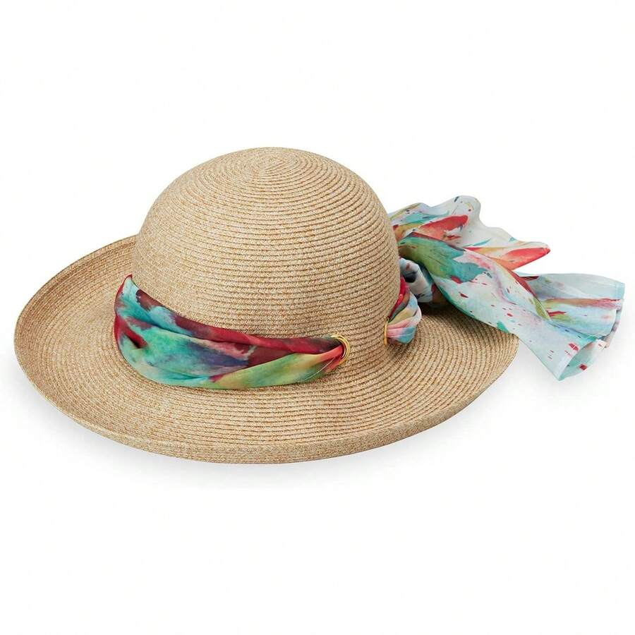 Wallaroo Hat Company – Sombrero de Sol Lady Jane para Mujer – UPF 50+, Ala Ancha, Plegable, Talla Ajustable para Cabezas de Tamaño Mediano - Natural/Hojas - Ver 1