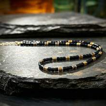 Tiger Eye & Black Agate Square Bead Thin Necklace 45+5cm Gold Plated Extension Chain Men's Business Collarbone Chain - Multicolor - View 2