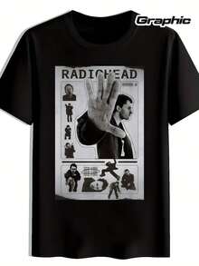 1 T-shirt graphique en coton noir pour hommes - Présentant un collage de membres du groupe et de gestes de la main emblématiques, parfait pour les passionnés de rock, manches courtes, col ras-du-cou - Noir - Voir 1