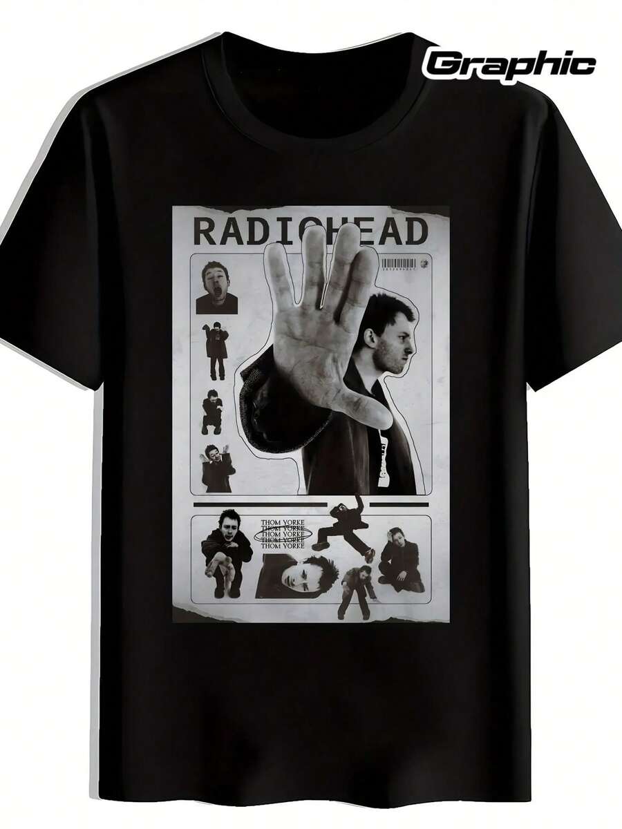 1 T-shirt graphique en coton noir pour hommes - Présentant un collage de membres du groupe et de gestes de la main emblématiques, parfait pour les passionnés de rock, manches courtes, col ras-du-cou - Noir - Voir 1