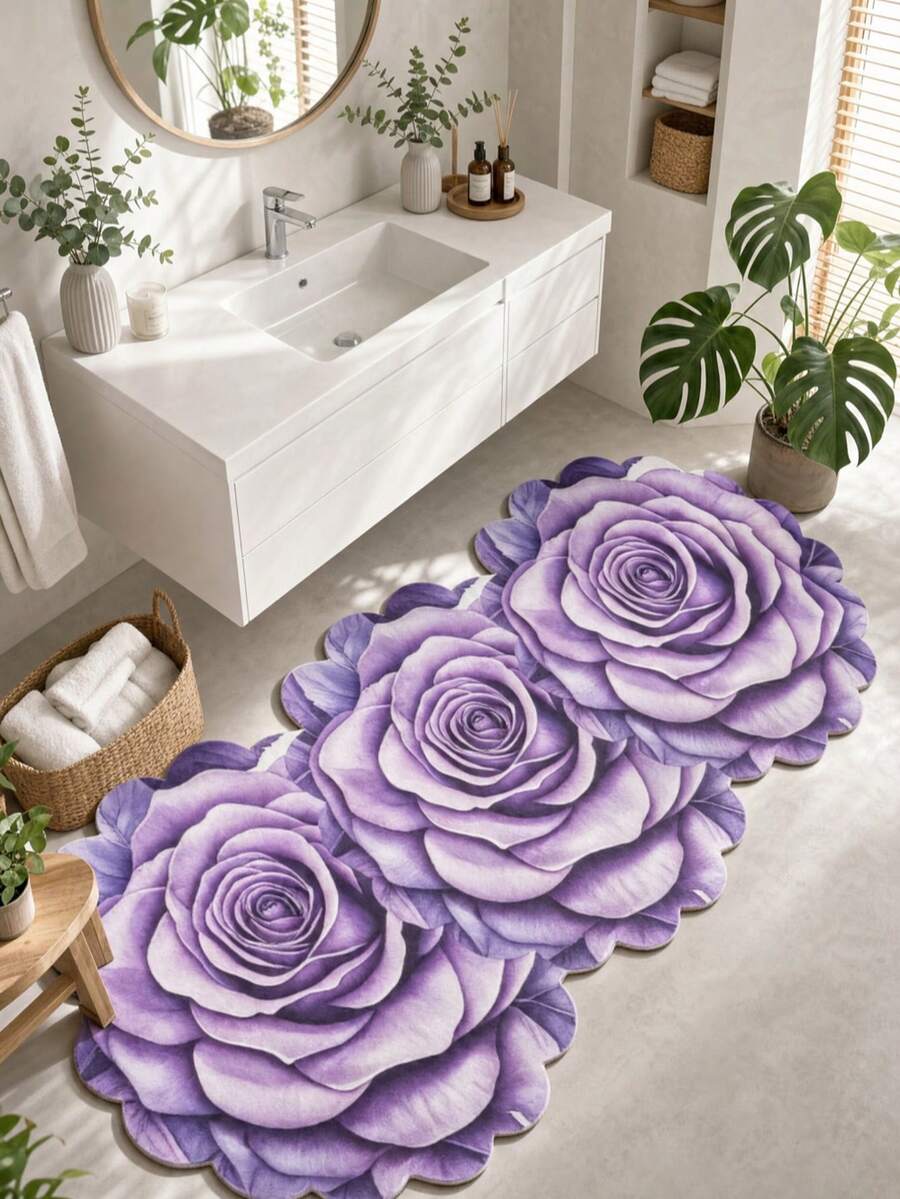 1pc Purple Floral Asymmetric Shaped Bath Mat, Bathroom Rug, Door Mat, Small Rug, Carpet, Floor Mat, Home Decor, Area Rug, Outdoor Mat, Home Decoration, Area Carpet, Bedroom Rug, Washable Carpet - Multicolor G - View 1