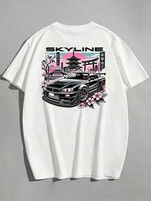 1pc Plus Size Pure White Casual Crew Neck Top, Japanese Modified Sports Car Cherry Blossom Ancient Temple Back Print With Japanese Text Chest Logo Short Sleeve | Exquisite Craftsmanship | Summer Essential | Versatile And Easy To Match, Showcasing Your Style - White - View 4