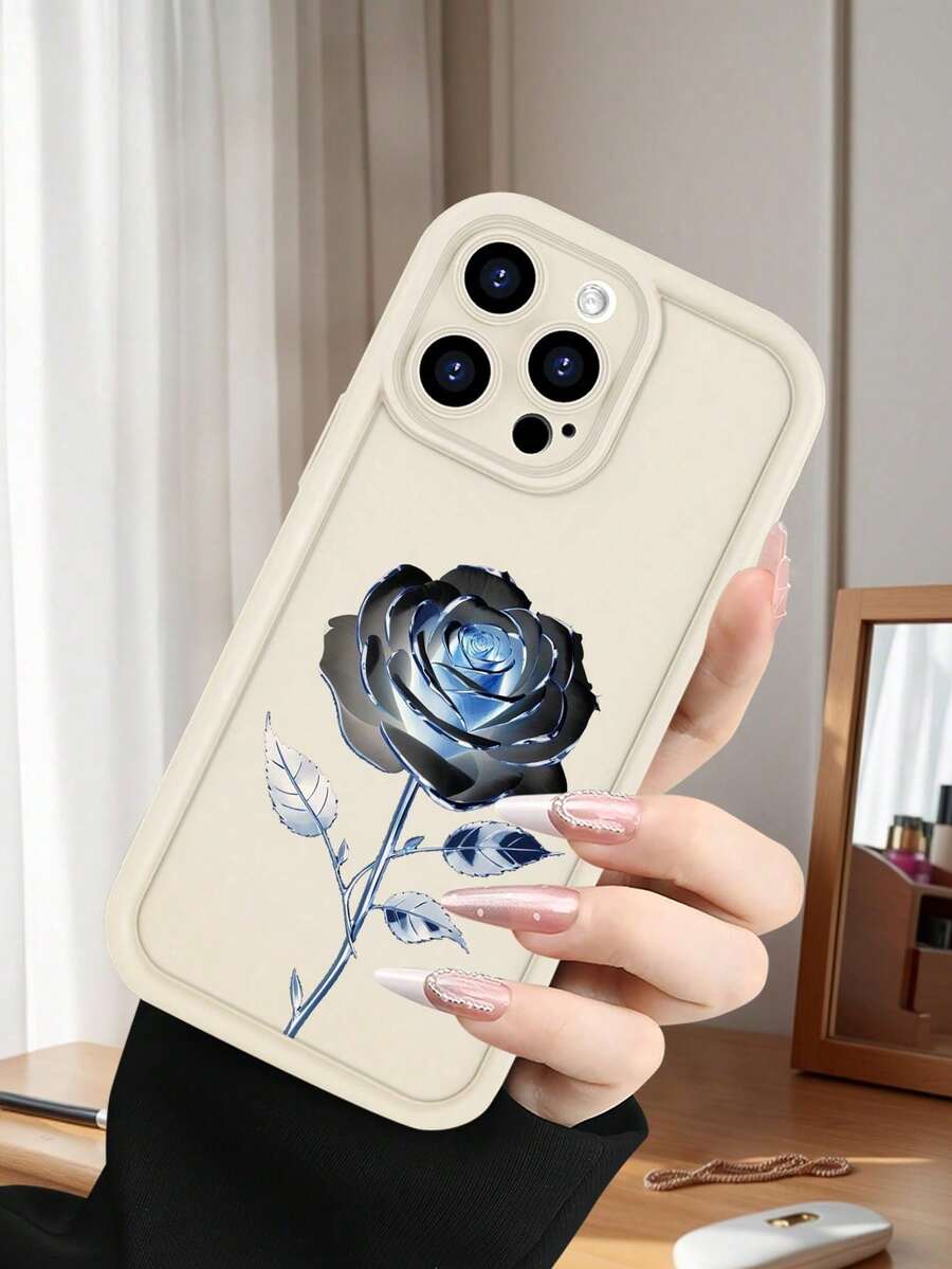 1 Piece Phone Case With A Metallic Rose Design In Shades Of Blue On A Black Background, A Modern And Elegant Style Ideal For Art Lovers And Special Occasions, Soft TPU, Full Impact And Anti-Slip Protection, Compatible With IPhone 17 ProMax/16/15/14/13/12/11/Plus/Pro/ProMax, Compatible With Galaxy A34/A35/A54/A55, Galaxy S20/S21/S22/S23/S24/S25 Ultra/Plus, Compatible With Galaxy//Honor// - 白色的 - 查看 1