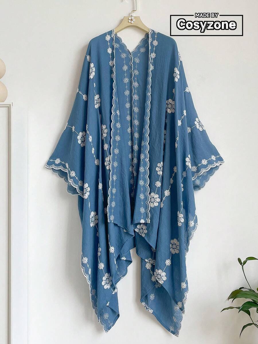 1件極簡優雅花卉圖案波希米亞風刺繡開襟披肩女款和服式圍裙 春夏外穿沙龍罩衫 海灘度假防曬防UV刺繡開襟衫 時尚百搭奢華裝飾款 適合日常搭配 送禮首選 - 藍色 - 查看 1