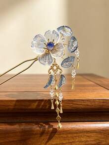 1pc Gradient Blue Glazed Floral Tassel U-Shaped Hair Pin, Crystal Bridal Hair Accessory, Suitable For Daily, Beach, Wedding And Party - Multicolor - View 5