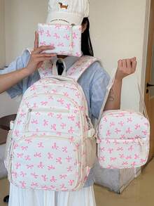 New Semester Student Backpack; Bow Print Backpack, Suitable For Elementary And Middle School Students - White - View 10