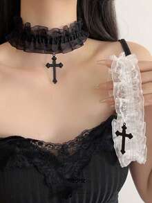 1pc Vintage Lace Cross Decor Choker Necklace Suitable For Women's Daily Wear - Cross - View 7