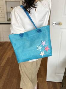 Summer Beach Bag, Straw Woven Large Capacity Women's Handbag, Decorated With Sunflowers And Starfish, Perfect For Beach Vacation, Shopping And Dating - Blue - View 8