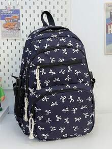 New Semester Student Backpack; Bow Print Backpack, Suitable For Primary And Secondary School Students - Navy Blue - View 5