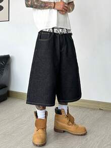 1 Stück Justice Brother lässige, locker sitzende Denim-Shorts mit bestickter Gesäßtasche, vielseitige Sommer-Streetwear, bequeme Bermuda-Shorts (ohne Gürtel/Zubehör) - Schwarz - Übersicht 8