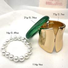 GNIT Green Jade Resin & Wide Gold Cuff Pearl Bracelet Set For Women, 3PCS/1pc Stackable Chunky Bangles Vintage Old Money Oriental Statement Jewelry Set - Gold, Green-veined Pearl - View 6
