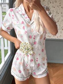 White Mixed Fruit Print Shirt Collar Short Sleeve & Shorts Pajama Set For Women - White - View 3