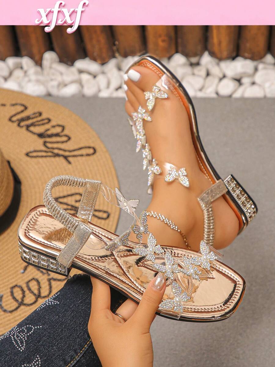 XfxfA Women's Champagne Rhinestone Butterfly Transparent Strap Low Heel Back Strap Sandals, Suitable For Daily/Beach/Date Wear