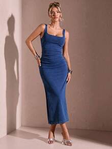 Vestido de mezclilla sin mangas de unicolor y estilo casual para uso diario de mujeres - Azul lavado medio - Ver 2
