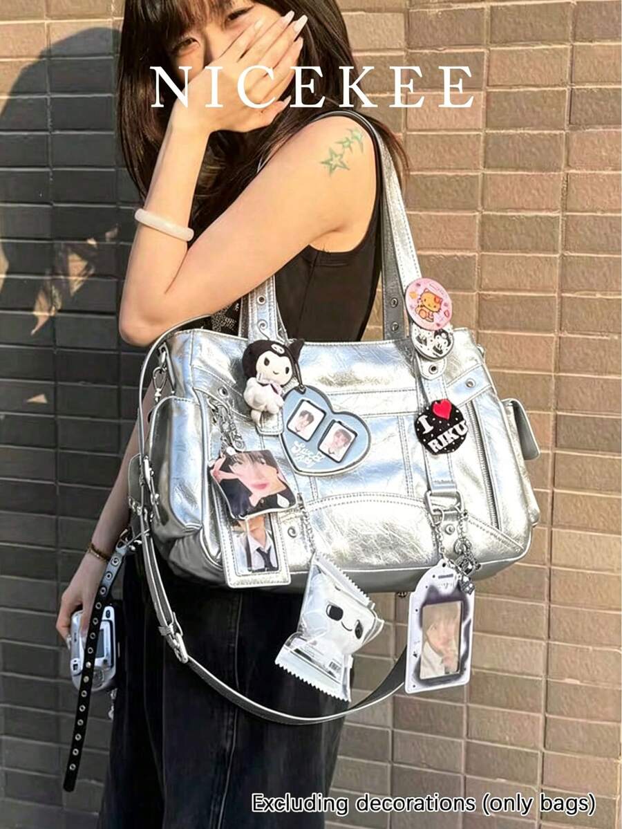Sac à bandoulière de grande capacité à plusieurs poches de couleur unie, sac à main de design unique, décontracté et polyvalent, style punk rétro minimaliste, sac bandoulière quotidien, convient pour le travail, les trajets, les sorties quotidiennes, les rassemblements - Argent - Voir 1