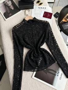 Women's Black Sheer Lace Blouse, A Sexy Yet Elegant Street Style Top, Slim Fit For Everyday Wear. - Black - View 3
