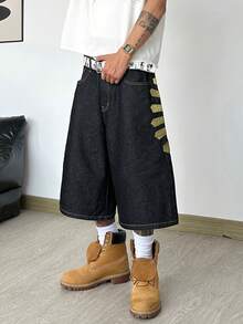1 Stück Justice Brother lässige, locker sitzende Denim-Shorts mit bestickter Gesäßtasche, vielseitige Sommer-Streetwear, bequeme Bermuda-Shorts (ohne Gürtel/Zubehör) - Schwarz - Übersicht 9