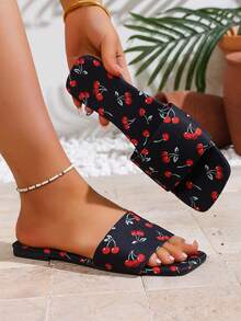 Sandalias planas de mujer con puntera cuadrada, cómodas y casuales, con estampado de cerezas, aptas para uso en exteriores, hogar y playa - Negro - Ver 5