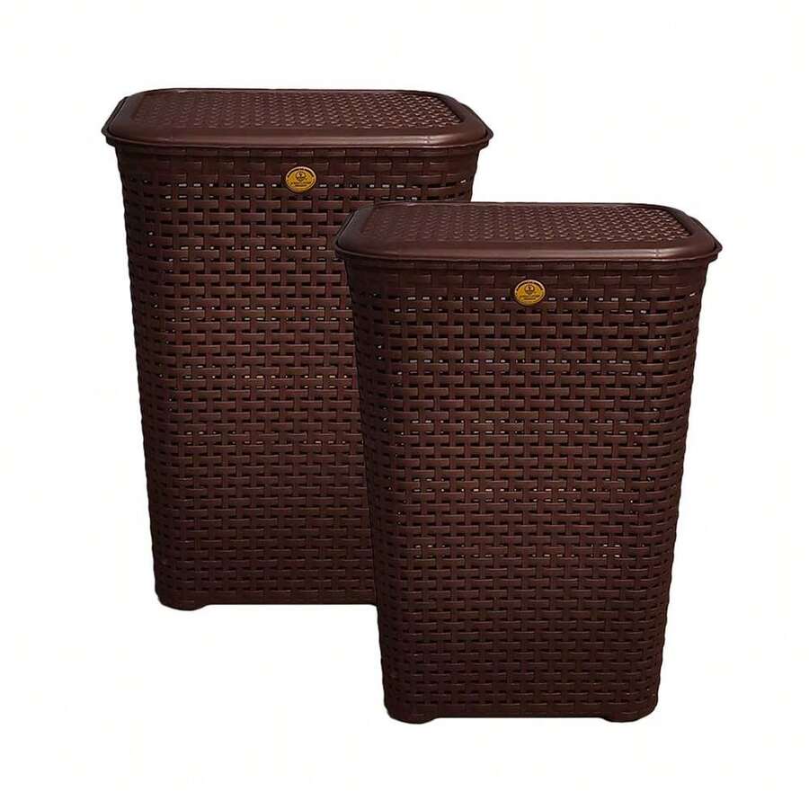 Combo Of 2 Rattan Baskets With Lids - La Ardilla Plastics - Basket, Laundry Hamper, Organizer, Polypropylene Material, Durable, Lightweight And Elegant - Ideal For Indoor And Outdoor Use, Bedroom, Laundry Area. - 巧克力棕 - 查看 1