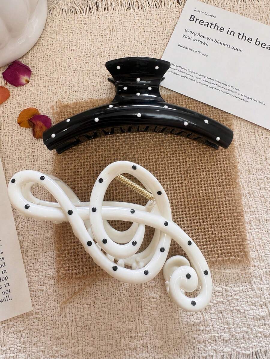 2 piezas Pinza para el cabello con lunares negros y pinza para el cabello con notas musicales y lunares blancos, accesorios para el cabello, versátil y elegante, minimalista, adecuado para uso diario, casual, fiesta, playa, vacaciones, diseño de peinado, lavado de cara/cabello, maquillaje, accesorios de ropa, pinza para el cabello de primavera, pinza para el cabello de verano, accesorios para el cabello de otoño, pinza para el cabello de invierno - Multicolor - Ver 1