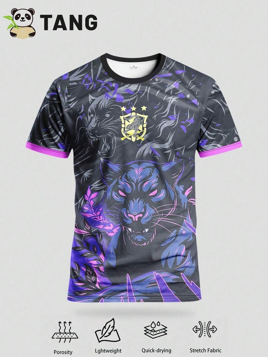 Camiseta de fútbol brasileña con estampado de guepardo de tres estrellas, cuello redondo, cómoda, ideal para partidos, entrenamientos, tiempo libre y vacaciones. Un regalo perfecto. - Azul - Ver 1