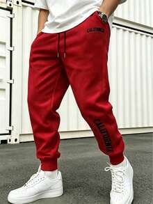 Men's Lightweight, Loose-Fitting Sweatpants With Elastic Drawstring, Featuring A  Letter Print - 深紅色 - 查看 11