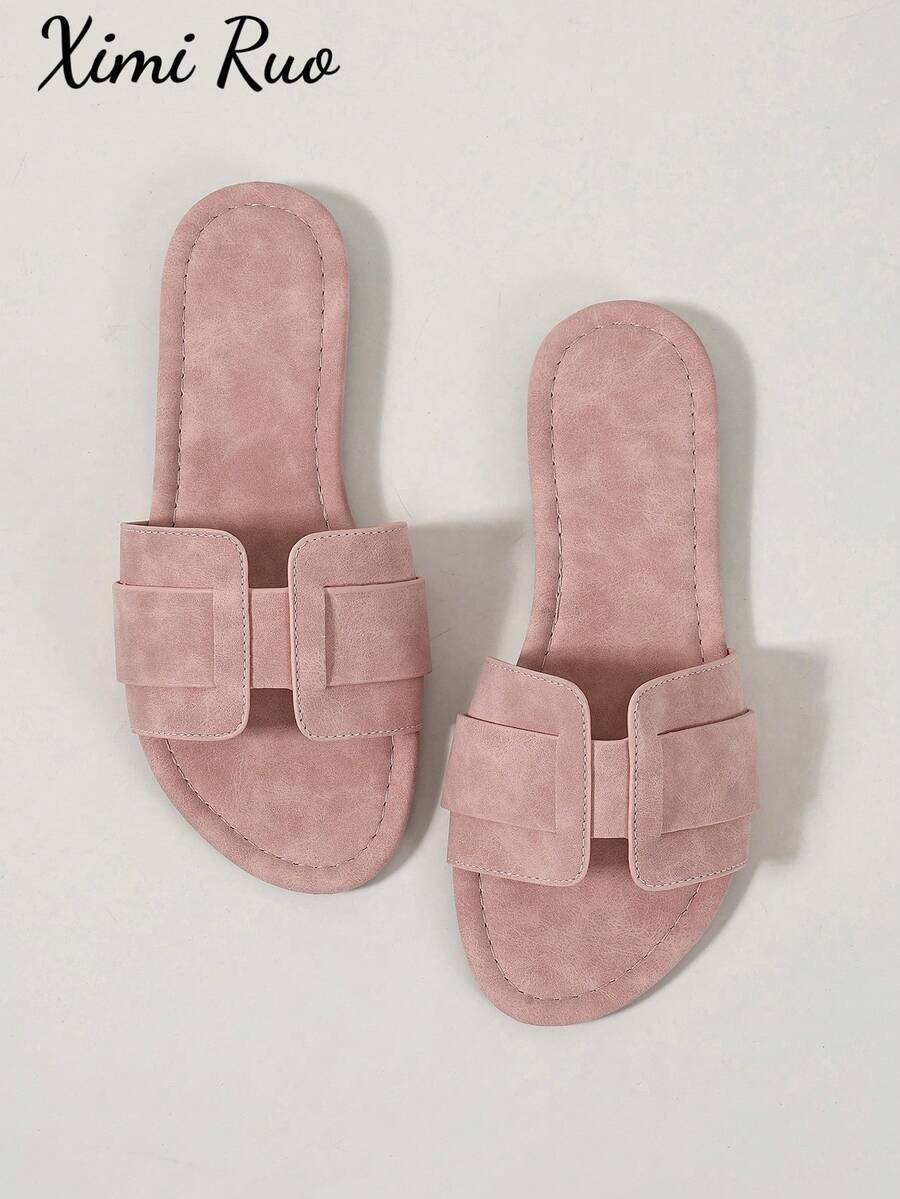 Ximi Ruo Korean Style Casual Flat Slide Sandals, Open Toe, Woven Roman Style, Suitable For Spring, Summer, Beach, Vacation, Dress Matching, Brown Color - Pink - View 1