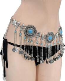 Cadena de Cintura Bohemia de Aleación con Pedrería, Accesorios para Mujer, Cadena de Cintura con Colgante de Moneda, Joyería Étnica - D - Ver 4