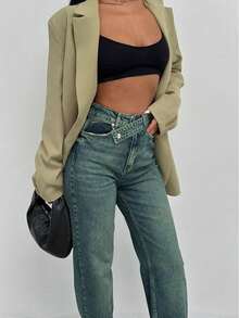 SQUALO Women's Vintage Washed Jeans With Double Button Detail - Cadet Blue - View 6