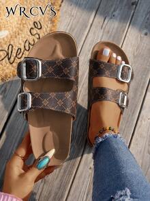WRCVS Flat Sandals With Buckle Decor, Random Pattern Slippers, Cork Sole, Non-Slip Beach Shoes, Bohemian Style Vacation Shoes - Coffee Brown - View 5
