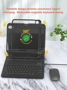 Set Keyboard, Casing Pelindung, dan Mouse yang Dapat Berputar 360°, Kompatibel dengan iPad A16 Generasi ke-11/10/9/8/7/6/5, Air 10.9/11/10.5/9.7 Inci, dan Pro 11 (1/2/3/4); Dilengkapi dengan Slot Pensil Terintegrasi, Keyboard Nirkabel yang Dapat Dilepas (dengan Baterai 150mAh) dan Casing Pelindung Kulit PU - Hitam - Paket Keyboard Putar 360 Derajat Warna Hitam + Casing Pelindung + Mouse - View 7