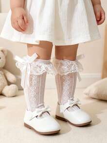1 Pair Baby Girls' Sweet Cute Lace Ruffle Bow Heart Jacquard Mesh Ankle Socks - White - View 8