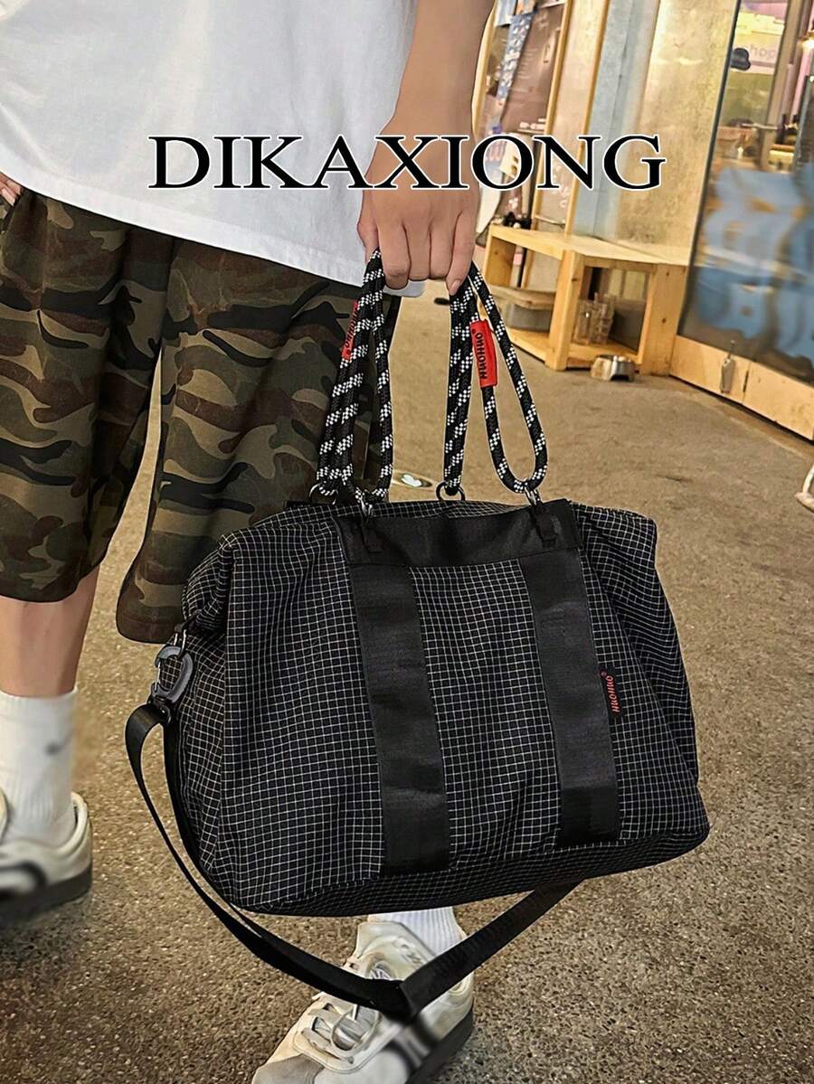 Men's Grid Nylon Tote Duffle Bag, Large Capacity Handbag With Detachable Shoulder Strap For Travel Gym - Multicolor - View 1
