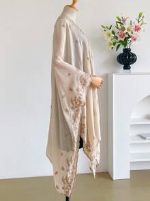 IROJEFF 1pc Elegant Floral Pattern Bohemian Style Embroidered Split Kimono/Sarong Shawl For Women, Spring/Summer Outerwear, Beach Vacation Sun Protection, Embroidered Cardigan, Fashionable Versatile Luxury Decorative, Suitable For Daily Matching, Perfect Gift Choice - Apricot - View 3