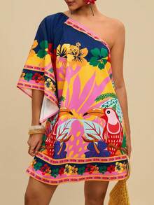 vachic Vestido casual elegante de manga corta con hombro asimétrico y estampado tropical de plantas, suelto, adecuado para salidas y vacaciones en primavera/verano, talla grande para mujeres - Multicolor 2 - Ver 13