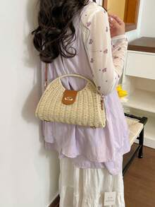 Borsa in paglia beige con tracolla regolabile e rimovibile, design leggero e portatile con chiusura a torsione, e texture intrecciata alla moda e versatile. Ideale per vacanze, spiaggia o shopping. - Beige - Visualizzare 4