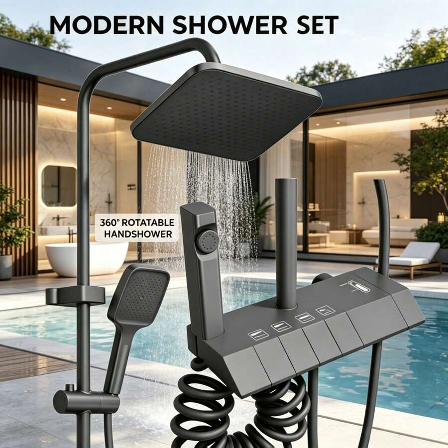 Matte Gray Complete Shower Set With 4-Function Adjustable Mixer Faucet, 3-Spray Mode Pressurized Handheld Shower Head, Precise Dual Temperature Control - Dark Grey - View 1