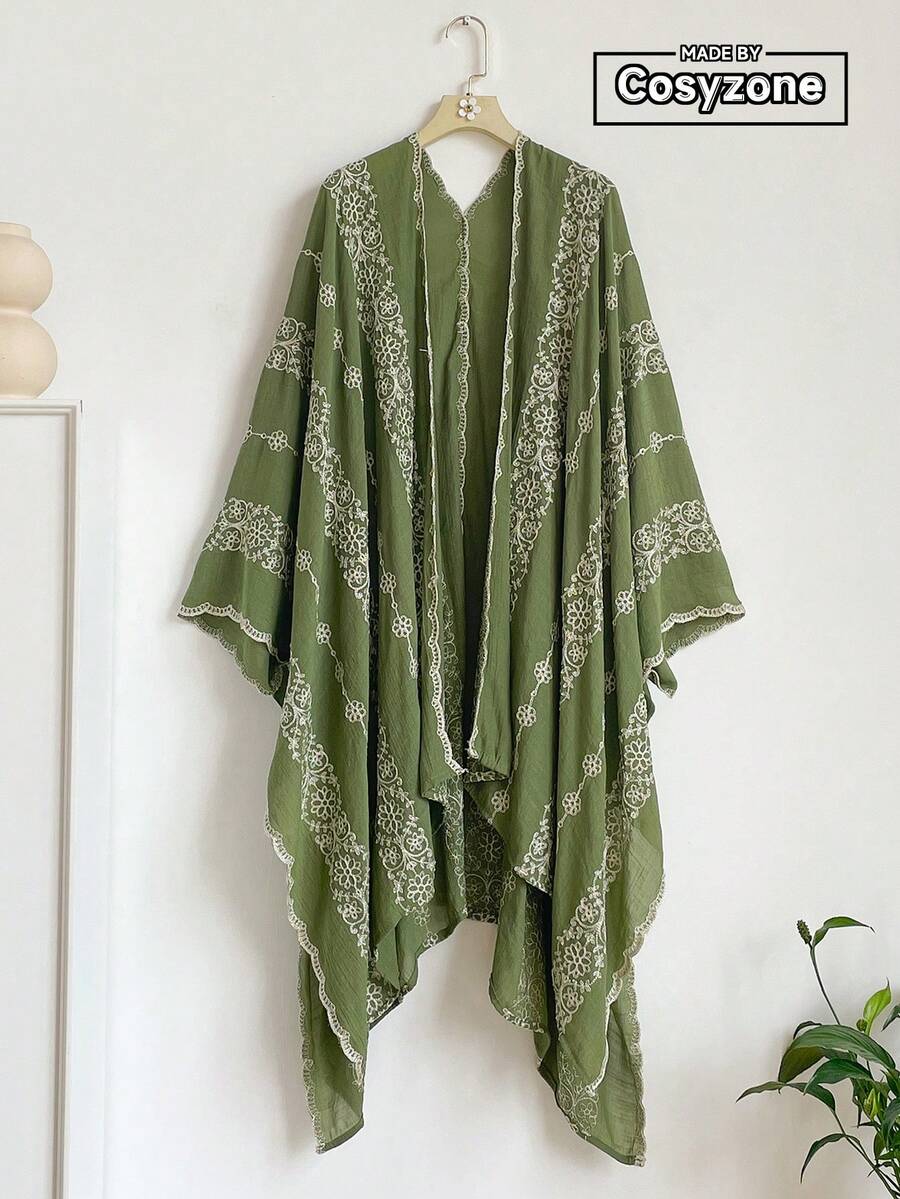 1件優雅花卉圖案波希米亞風刺繡開襟披肩女款和服式圍裙,春夏外穿沙龍,海灘度假防曬UV防護刺繡開襟衫,時尚百搭奢華裝飾,適合日常搭配,送禮佳選 - 綠色 - 查看 1