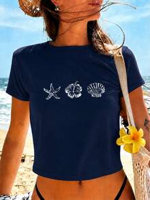 Summer New Fashionable Versatile Casual Shell & Starfish Beach Print Round Neck Short Sleeve T-Shirt For Women Vacation - Navy Blue - View 3