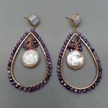 Pendientes de Lágrima Redondos de Amatista, Chapados en Oro, con Perla Blanca y Ágatas de Encaje Morado y Azul PWIGAAHTW - 1 - Ver 3