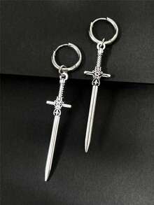 2pcs/Set Gothic Punk Rock Style Personalized Pendant Earrings Y2K Vintage Design Silver Sword-Shaped Earrings Unisex - Ancient Silver Sword - View 7