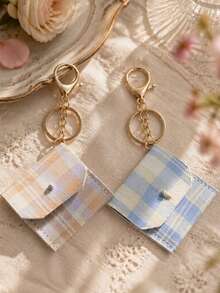 1pc Neutral Plaid Mini Pouch Keychain, Small Bag Pendant, Fashionable Daily Practical Accessory - Multicolor - View 1