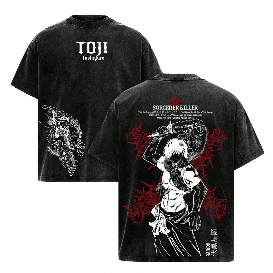 Camiseta de manga corta con cuello redondo para hombre – , estilo vintage lavado, de algodón grueso, con estampado doble en la parte delantera y trasera, ropa de - Negro - Ver 1